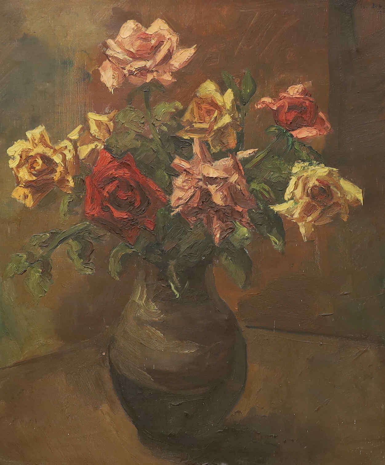 Impasto oil on canvas, Still life of roses in a vase, indistinctly signed upper right, 69 x 59cm